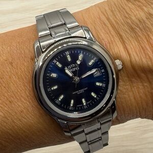 Vintage 90s Kathy Ireland Watch Stainless Steel Blue Face 8”‎ Silver Tone